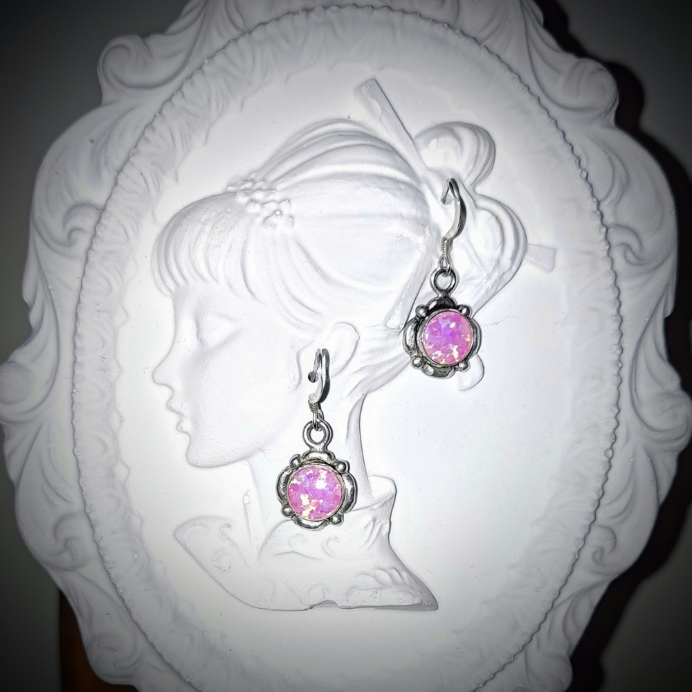 SPARKLING Vtg. 5 STAR Sterling Silver Pink Fire Opal Earrings